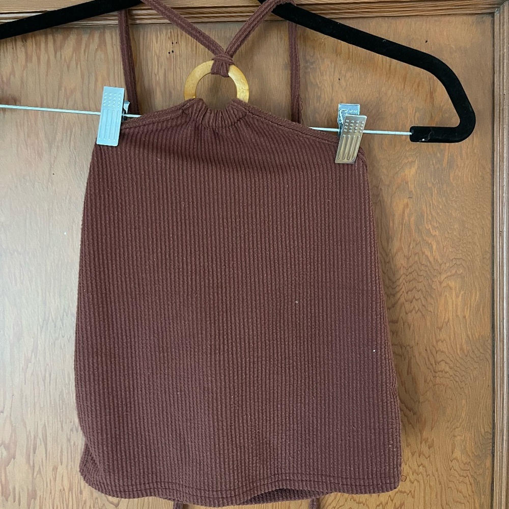 Brown crop top with tie neck detail